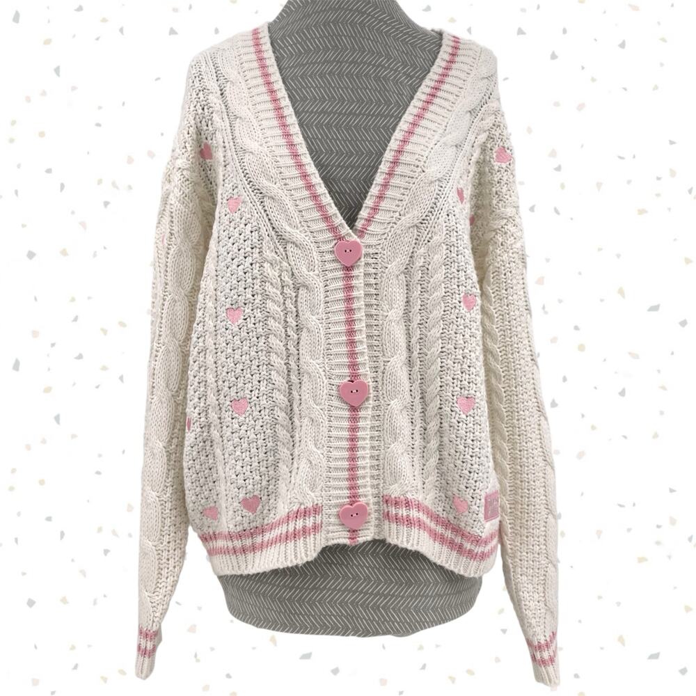 Taylor Swift Lover Knit Cardigan Pink Hearts Cozy Sweater Soft Girl Size XS / SM